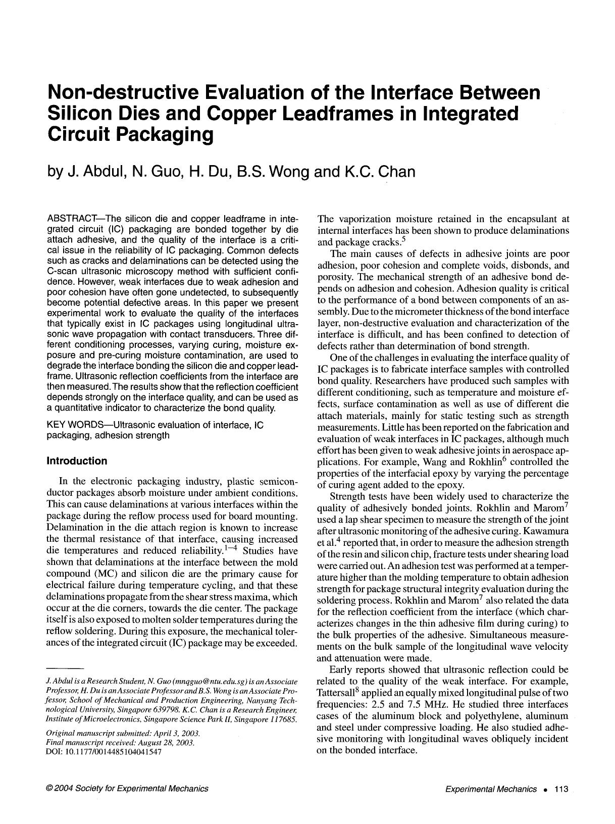 Non-destructive evaluation of the interface between silicon dies and copper leadframes in integrated circuit packaging by Unknown