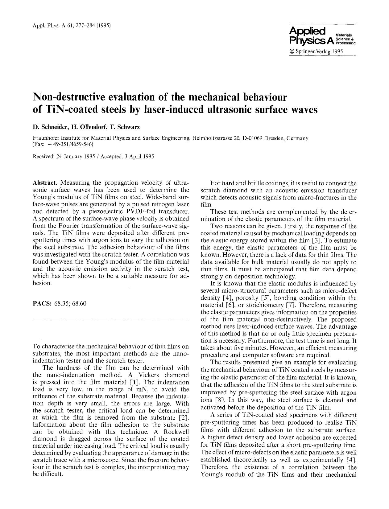 Non-destructive evaluation of the mechanical behaviour of TiN-coated steels by laser-induced ultrasonic surface waves by Unknown