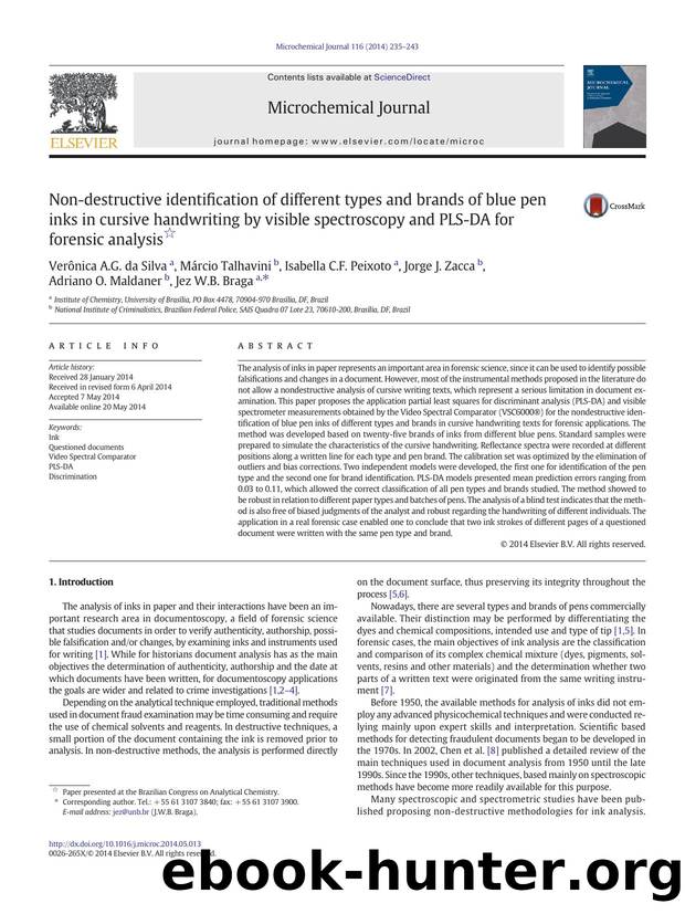 Non-destructive identification of different types and brands of blue pen inks in cursive handwriting by visible spectroscopy and PLS-DA for forensic analysis by unknow