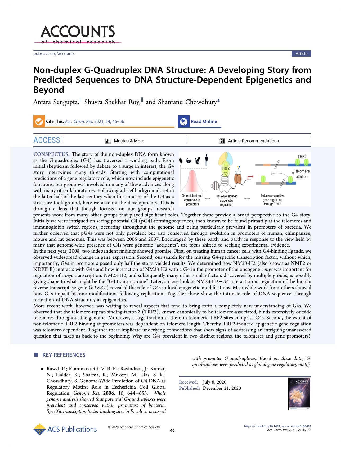 Non-duplex G-Quadruplex DNA Structure: A Developing Story from Predicted Sequences to DNA Structure-Dependent Epigenetics and Beyond by Antara Sengupta; Shuvra Shekhar Roy; Shantanu Chowdhury