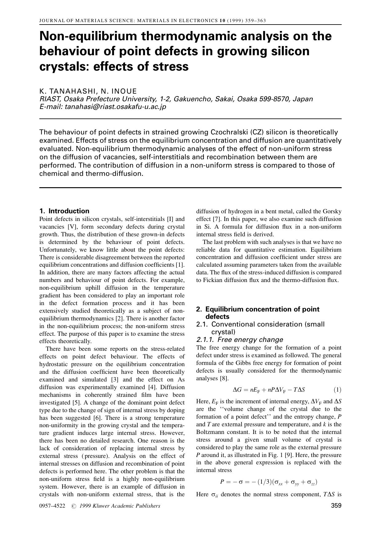 Non-equilibrium thermodynamic analysis on the behaviour of point defects in growing silicon crystals: effects of stress by Unknown