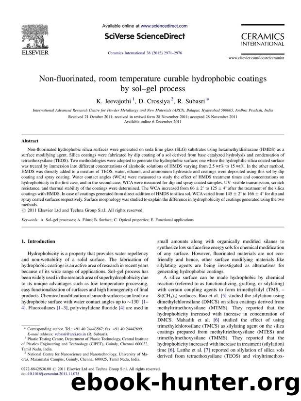 Non-fluorinated, room temperature curable hydrophobic coatings by solâgel process by K. Jeevajothi