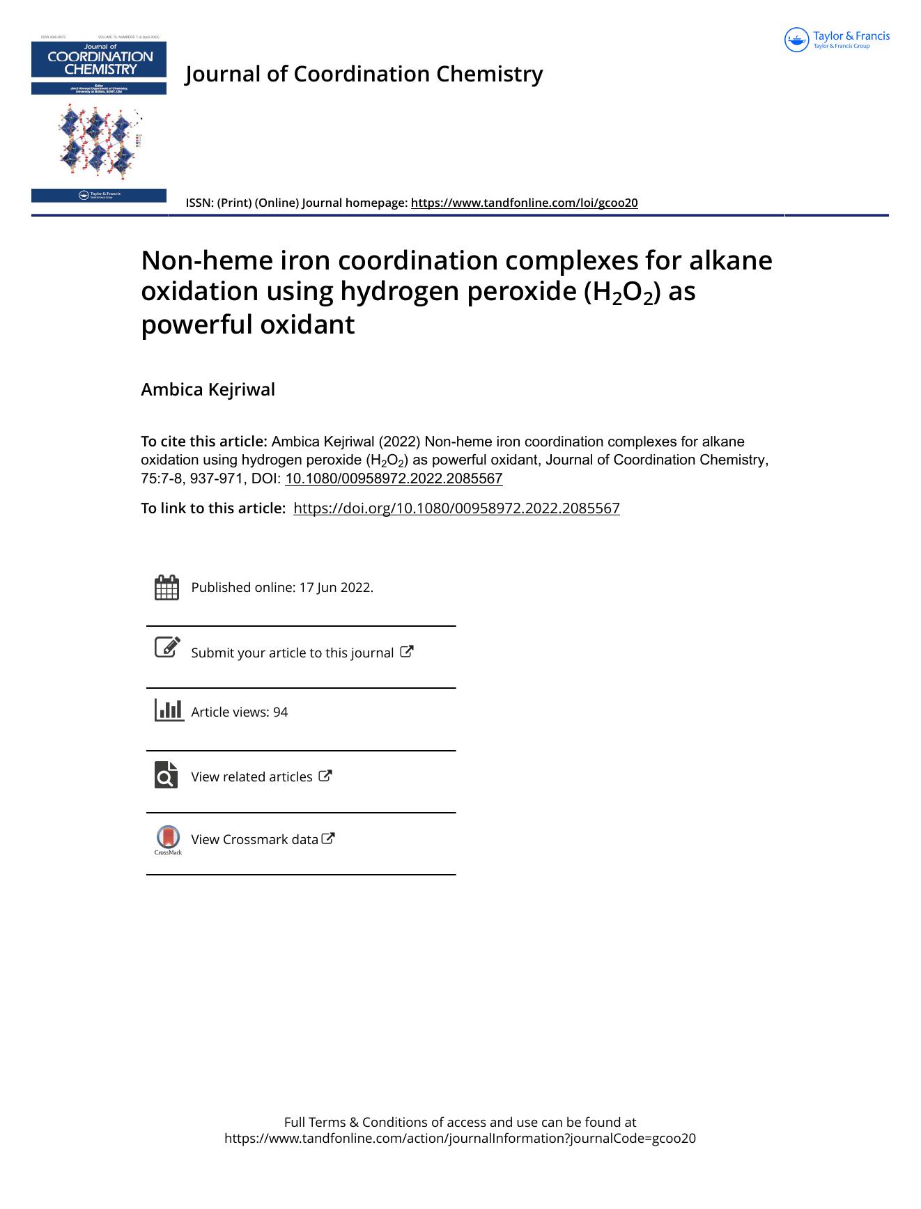 Non-heme iron coordination complexes for alkane oxidation using hydrogen peroxide (H2O2) as powerful oxidant by Kejriwal Ambica