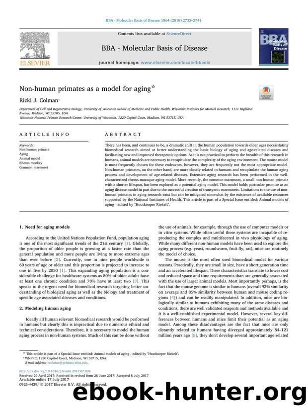 Non-human primates as a model for aging by Ricki J. Colman