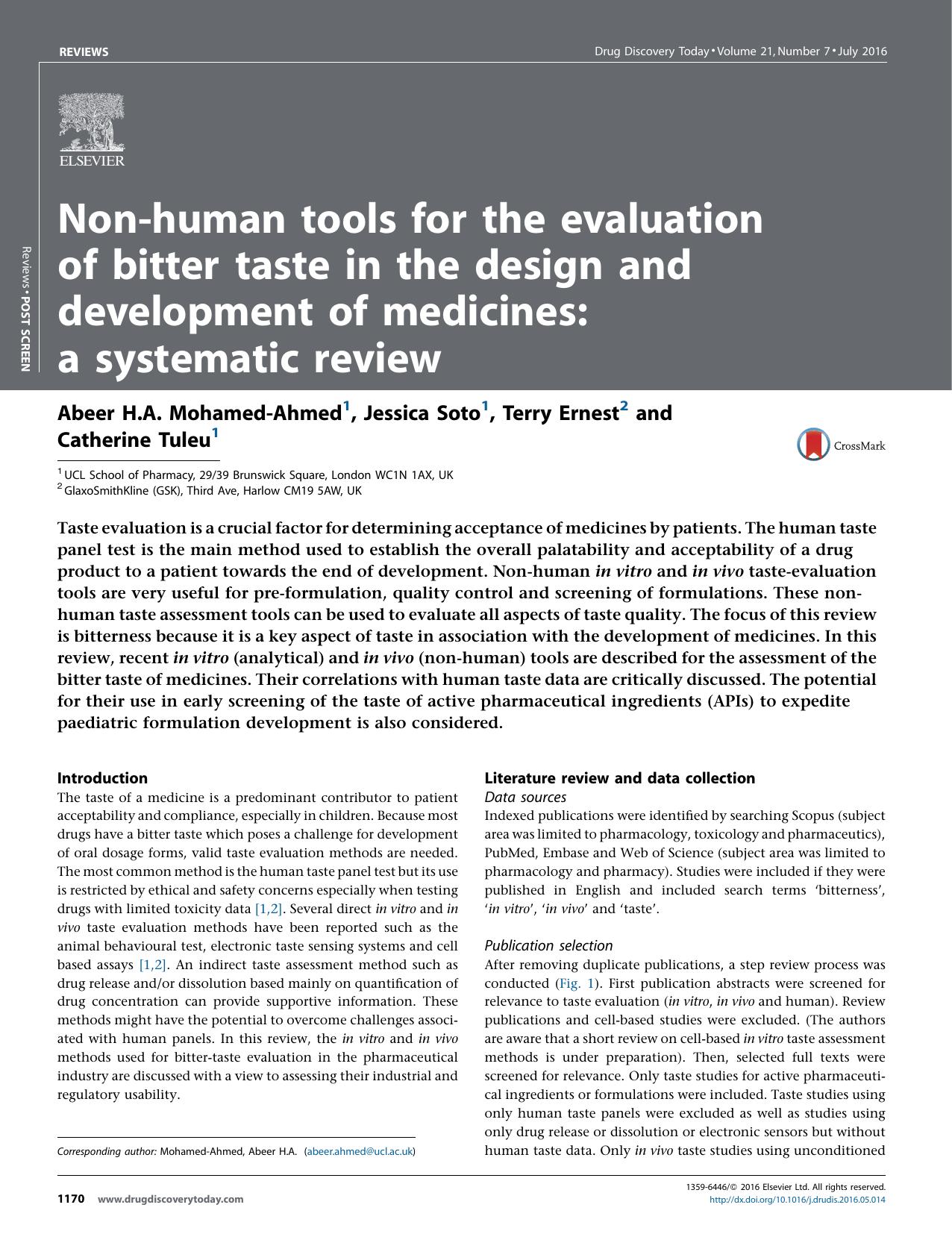 Non-human tools for the evaluation of bitter taste in the design and development of medicines: a systematic review by Abeer H.A. Mohamed-Ahmed & Jessica Soto & Terry Ernest & Catherine Tuleu