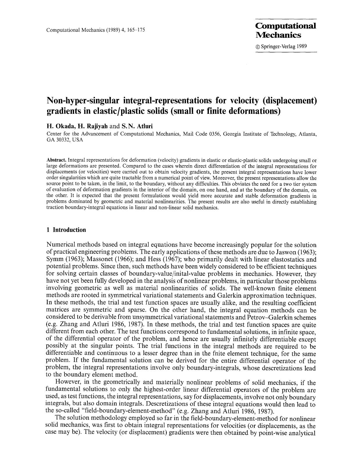 Non-hyper-singular integral-representations for velocity (displacement) gradients in elasticplastic solids (small or finite deformations) by Unknown