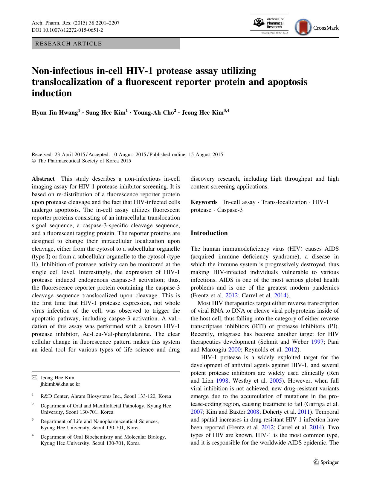 Non-infectious in-cell HIV-1 protease assay utilizing translocalization of a fluorescent reporter protein and apoptosis induction by Hyun Jin Hwang & Sung Hee Kim & Young-Ah Cho & Jeong Hee Kim