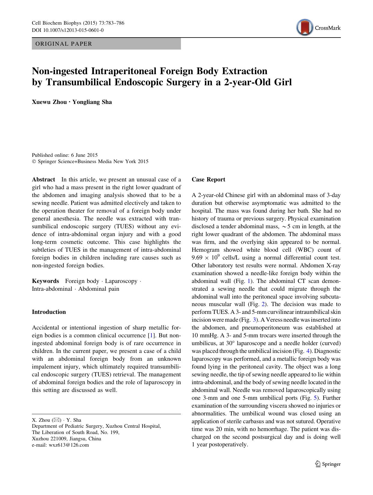 Non-ingested Intraperitoneal Foreign Body Extraction by Transumbilical Endoscopic Surgery in a 2-year-Old Girl by Xuewu Zhou & Yongliang Sha