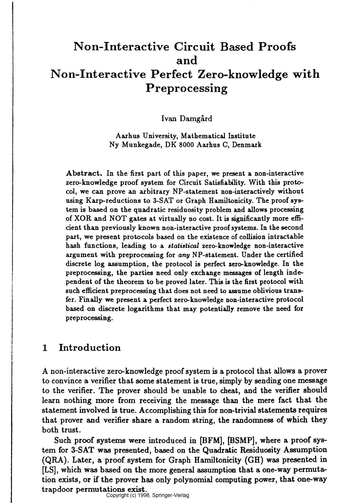 Non-interactive circuit based proofs and non-interactive perfect zero-knowledge with preprocessing by Damgaard I. B