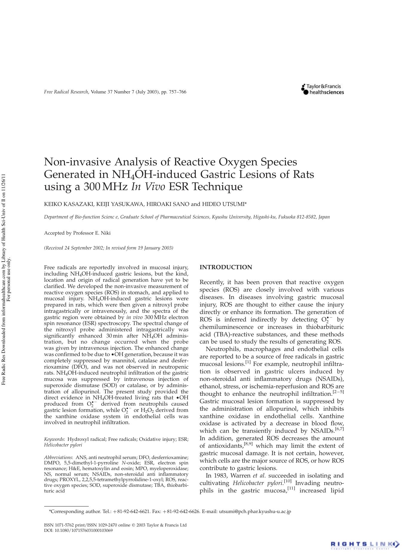 Non-invasive Analysis of Reactive Oxygen Species Generated in NH4OH-induced Gastric Lesions of Rats using a 300âMHz In Vivo ESR Technique by Keiko Kasazaki Keiji Yasukawa Hiroaki Sano & Hideo Utsumi
