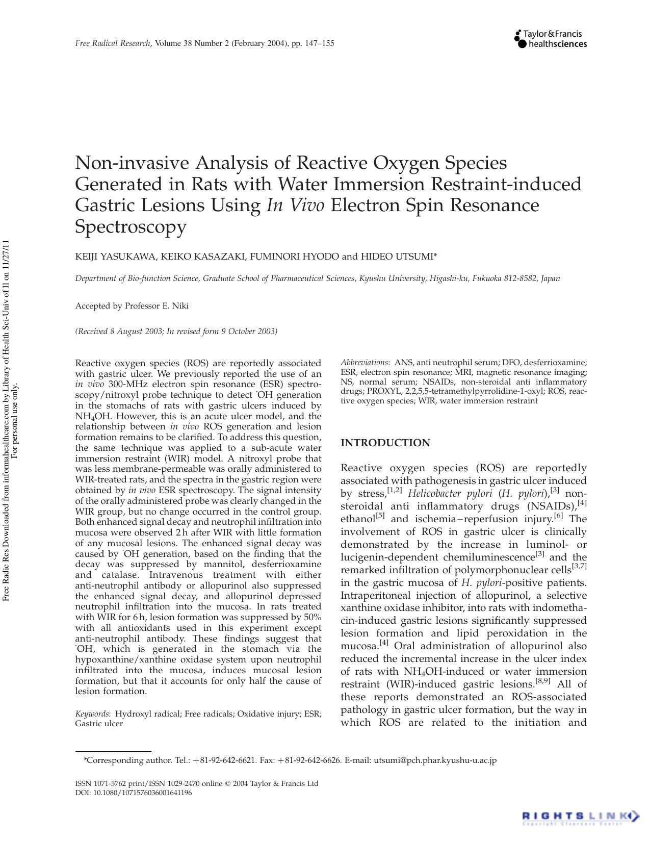Non-invasive Analysis of Reactive Oxygen Species Generated in Rats with Water Immersion Restraint-induced Gastric Lesions Using In Vivo Electron Spin Resonance Spectroscopy by Keiji Yasukawa Keiko Kasazaki Fuminori Hyodo & Hideo Utsumi