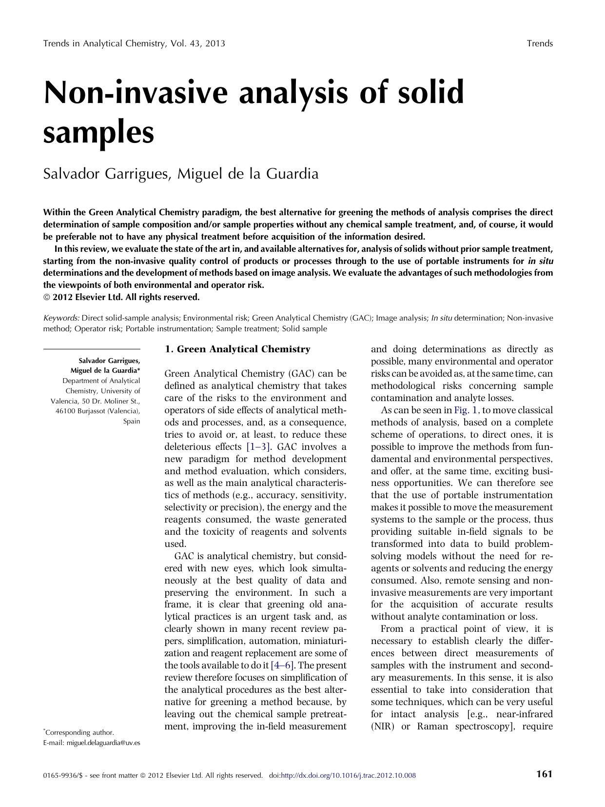 Non-invasive analysis of solid samples by Salvador Garrigues & Miguel de la Guardia