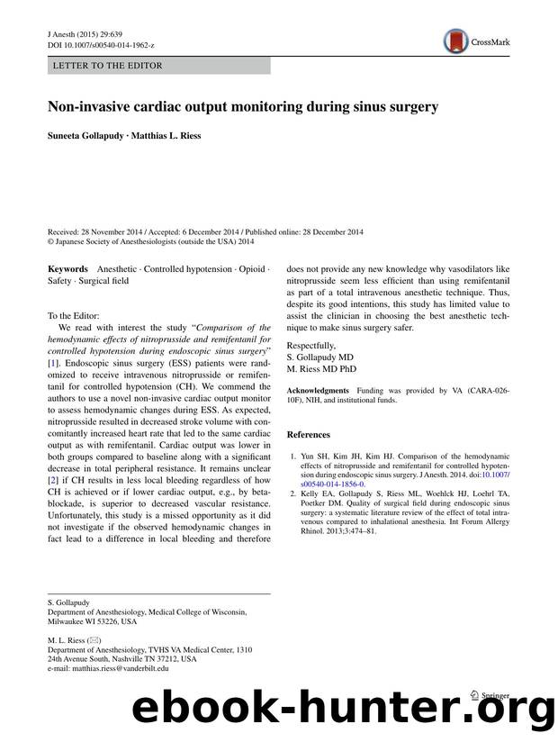 Non-invasive cardiac output monitoring during sinus surgery by Suneeta Gollapudy & Matthias L. Riess