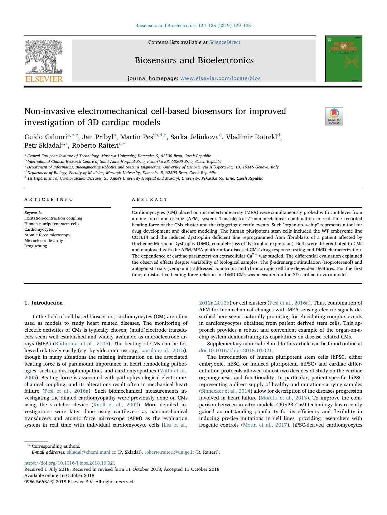 Non-invasive electromechanical cell-based biosensors for improved investigation of 3D cardiac models by unknow