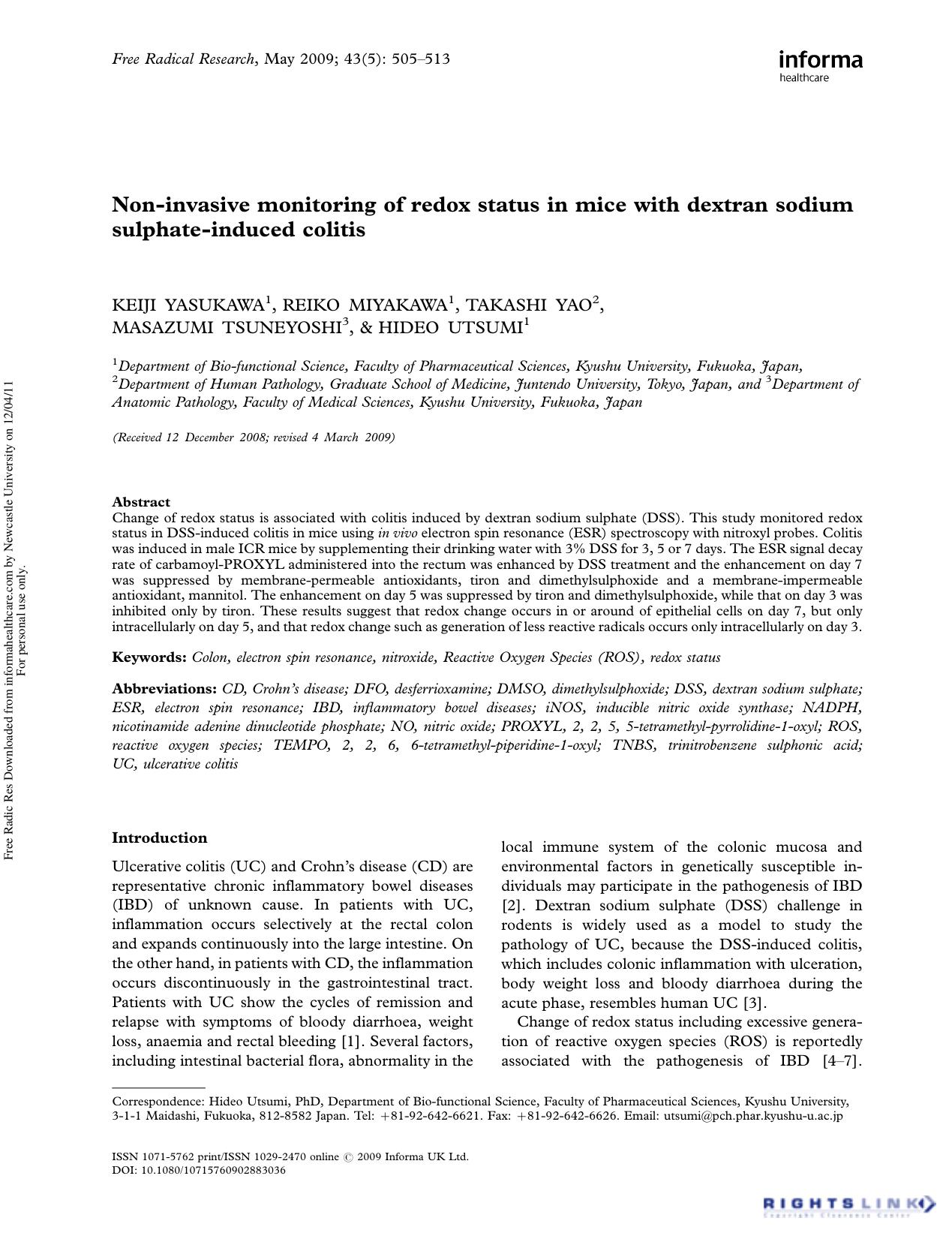 Non-invasive monitoring of redox status in mice with dextran sodium sulphate-induced colitis by Keiji Yasukawa1 Reiko Miyakawa1 Takashi Yao2 Masazumi Tsuneyoshi3 Hideo Utsumi PhD1*