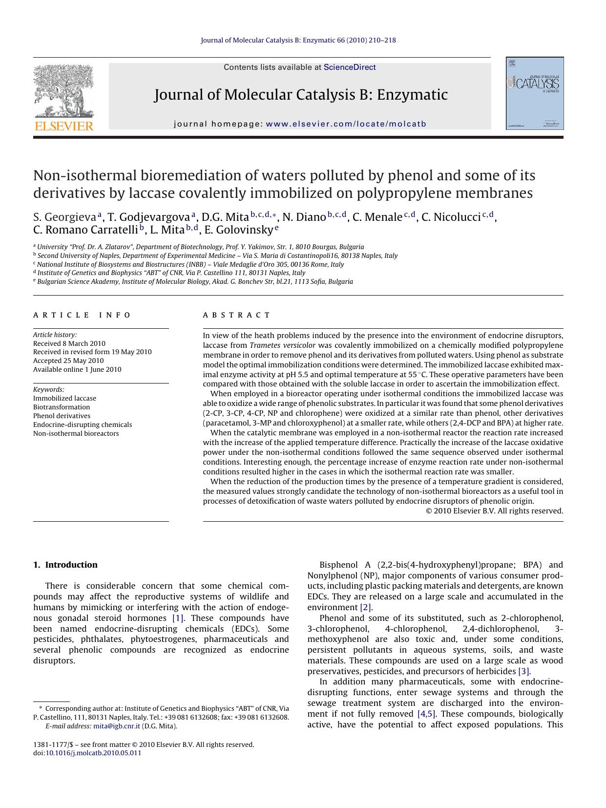 Non-isothermal bioremediation of waters polluted by phenol and some of its derivatives by laccase covalently immobilized on polypropylene membranes by S. Georgieva