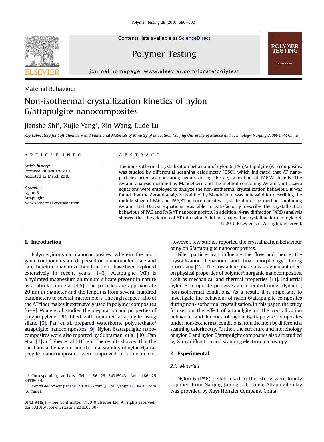 Non-isothermal crystallization kinetics of nylon 6attapulgite nanocomposites by Jianshe Shi & Xujie Yang & Xin Wang & Lude Lu