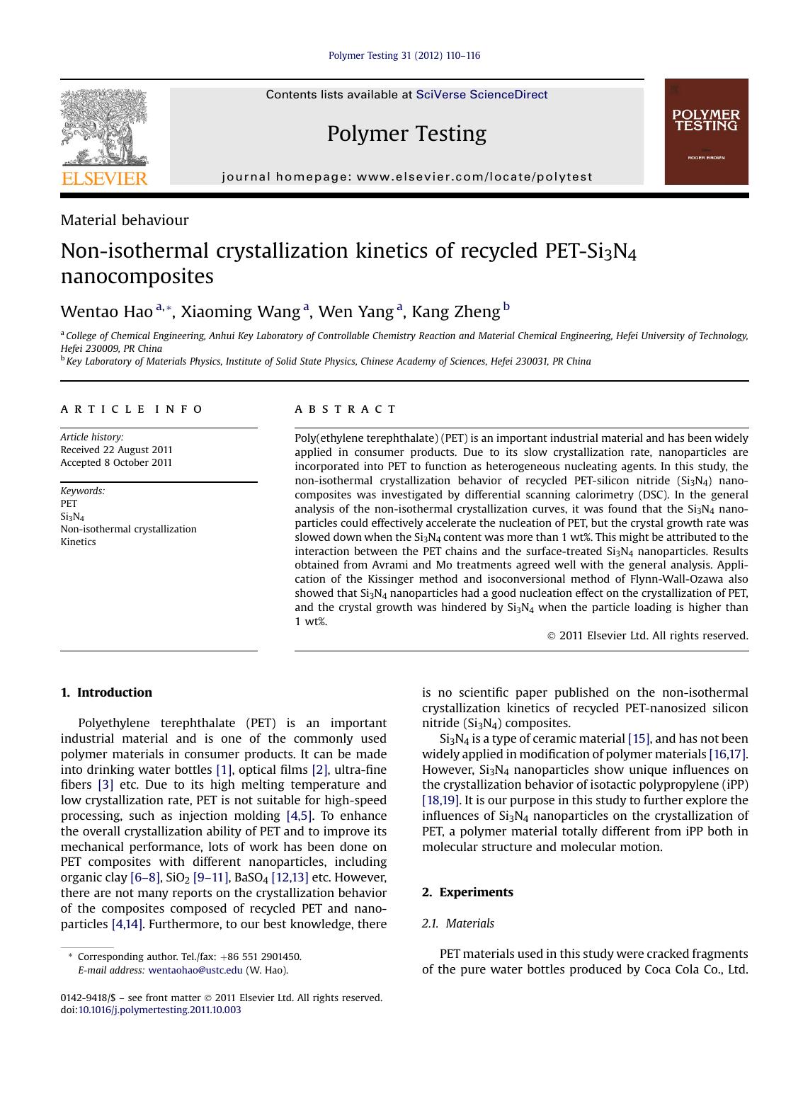 Non-isothermal crystallization kinetics of recycled PET-Si3N4 nanocomposites by Wentao Hao & Xiaoming Wang & Wen Yang & Kang Zheng