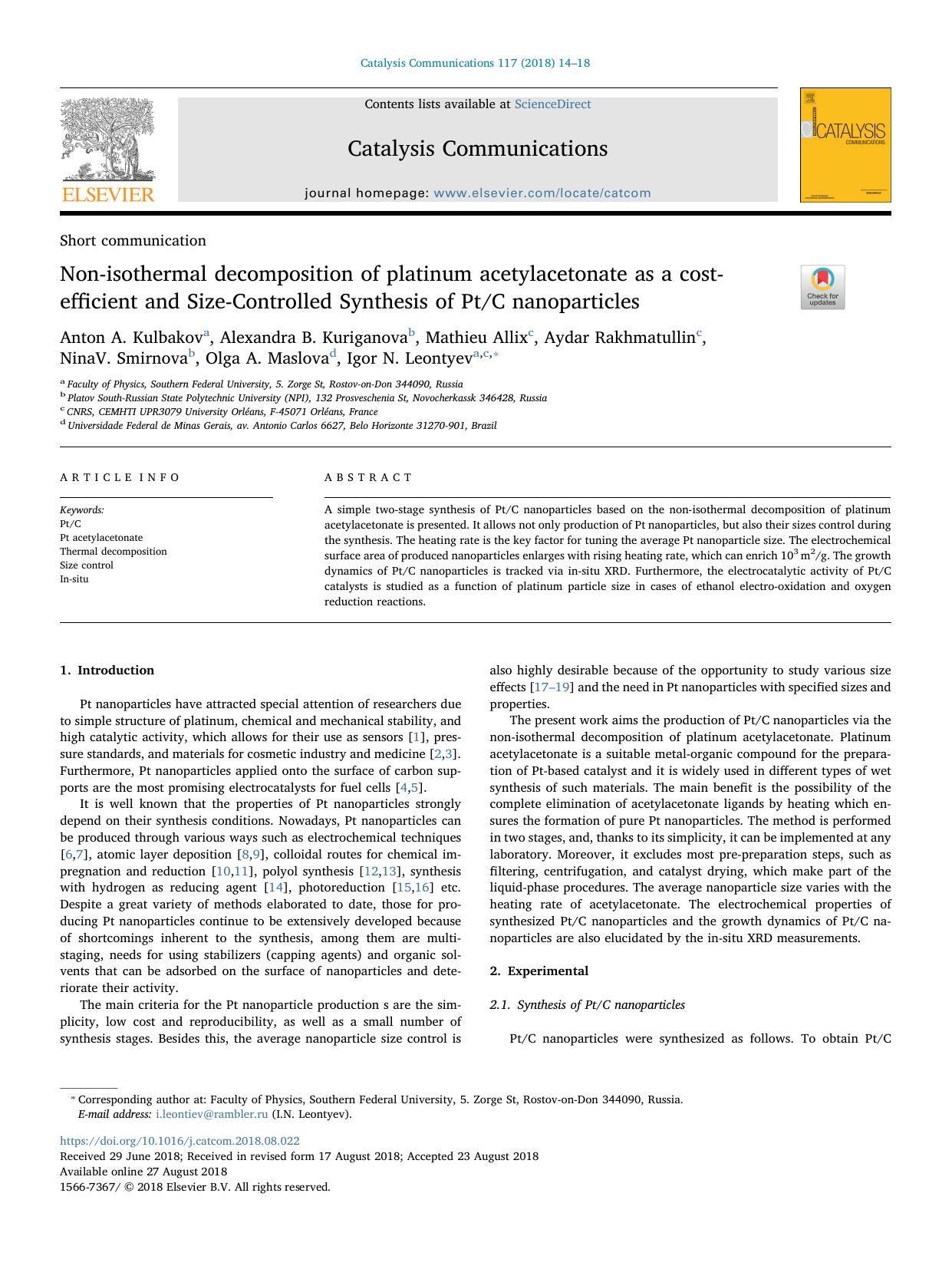 Non-isothermal decomposition of platinum acetylacetonate as a cost-efficient and Size-Controlled Synthesis of PtC nanoparticles by unknow