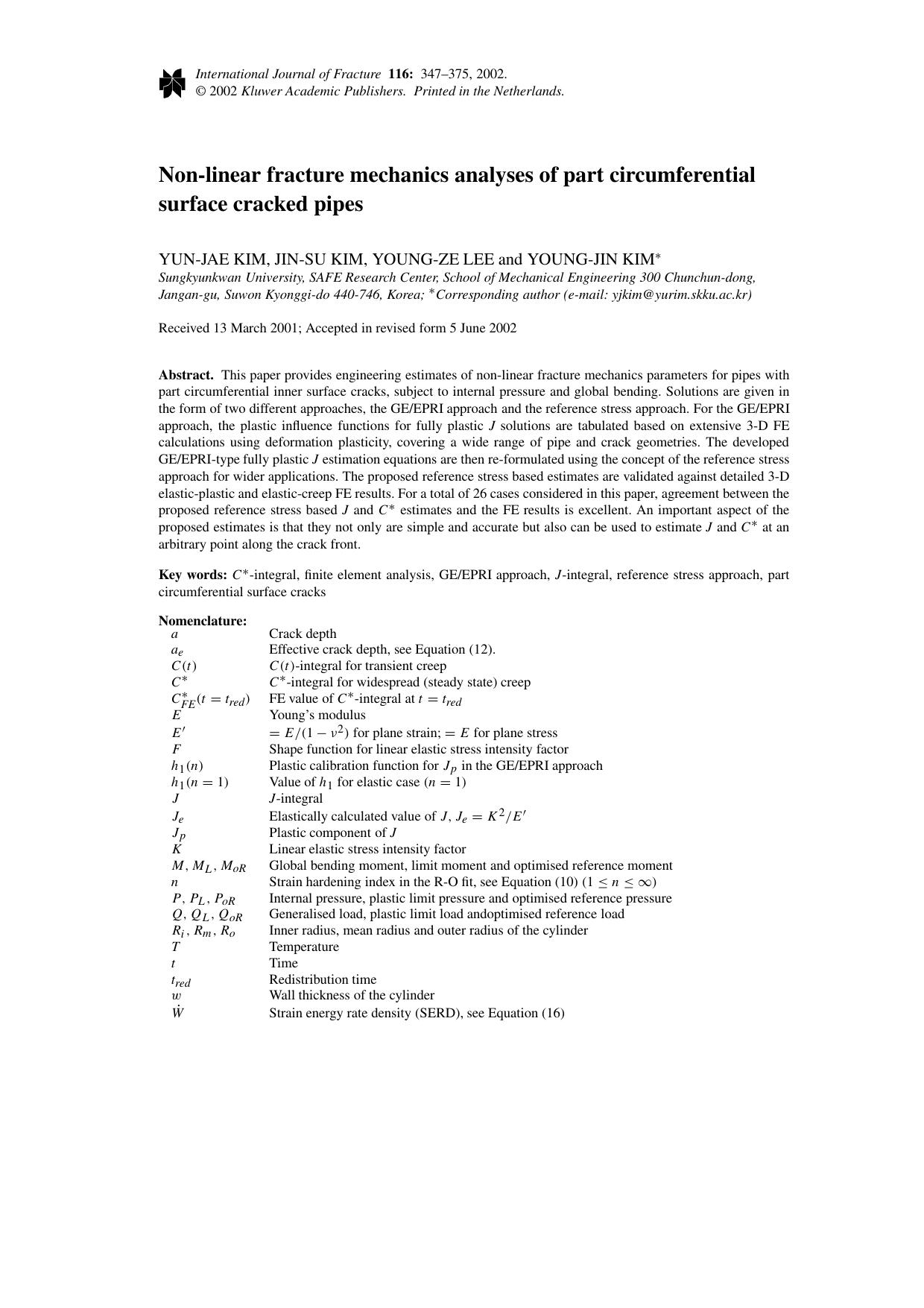 Non-linear fracture mechanics analyses of part circumferential surface cracked pipes by Unknown
