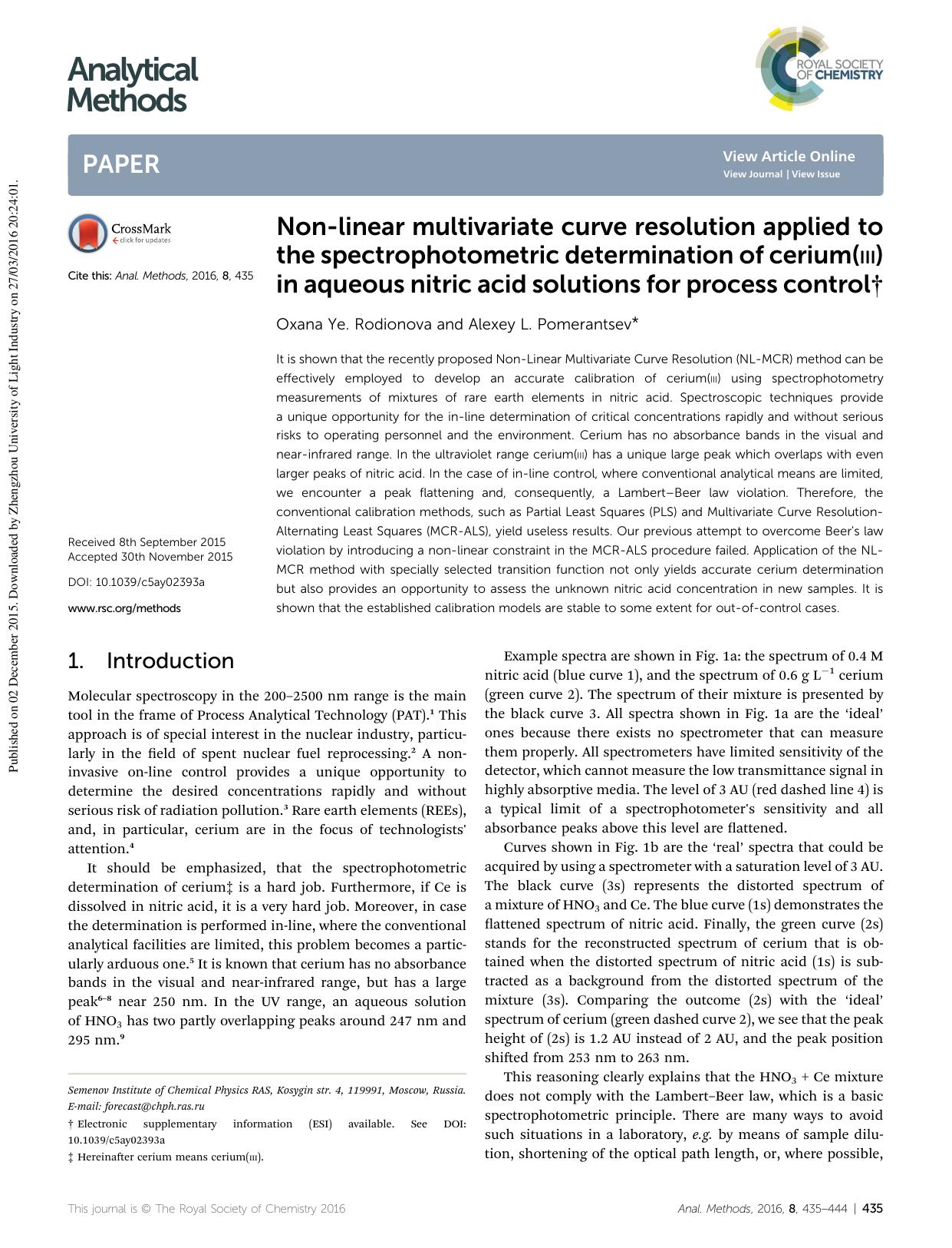 Non-linear multivariate curve resolution applied to the spectrophotometric determination of cerium(iii) in aqueous nitric acid solutions for process control by Oxana Ye. Rodionova & Alexey L. Pomerantsev