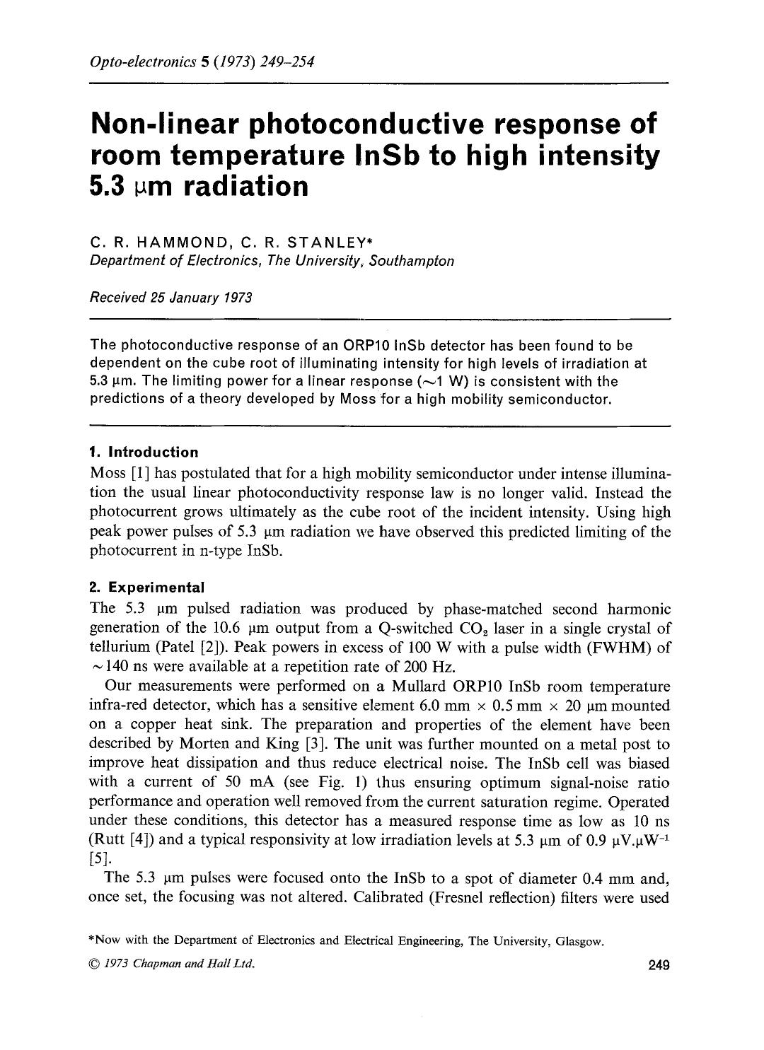 Non-linear photoconductive response of room temperature InSb to high intensity 5.3 &#x03BC;m radiation by Unknown