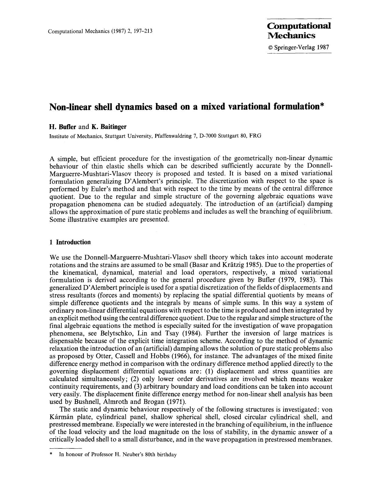 Non-linear shell dynamics based on a mixed variational formulation by Unknown