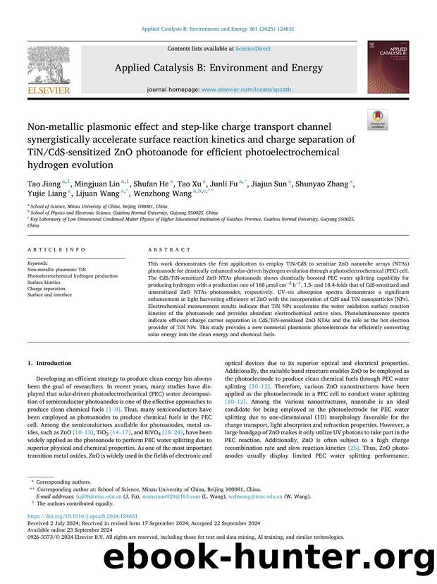 Non-metallic plasmonic effect and step-like charge transport channel synergistically accelerate surface reaction kinetics and charge separation of TiNCdS-sensitized ZnO photoanode  by unknow