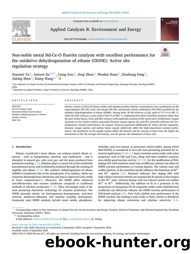 Non-noble metal Nd-Ce-O fluorite catalysts with excellent performance for the oxidative dehydrogenation of ethane (ODHE): Active site regulation strategy by unknow