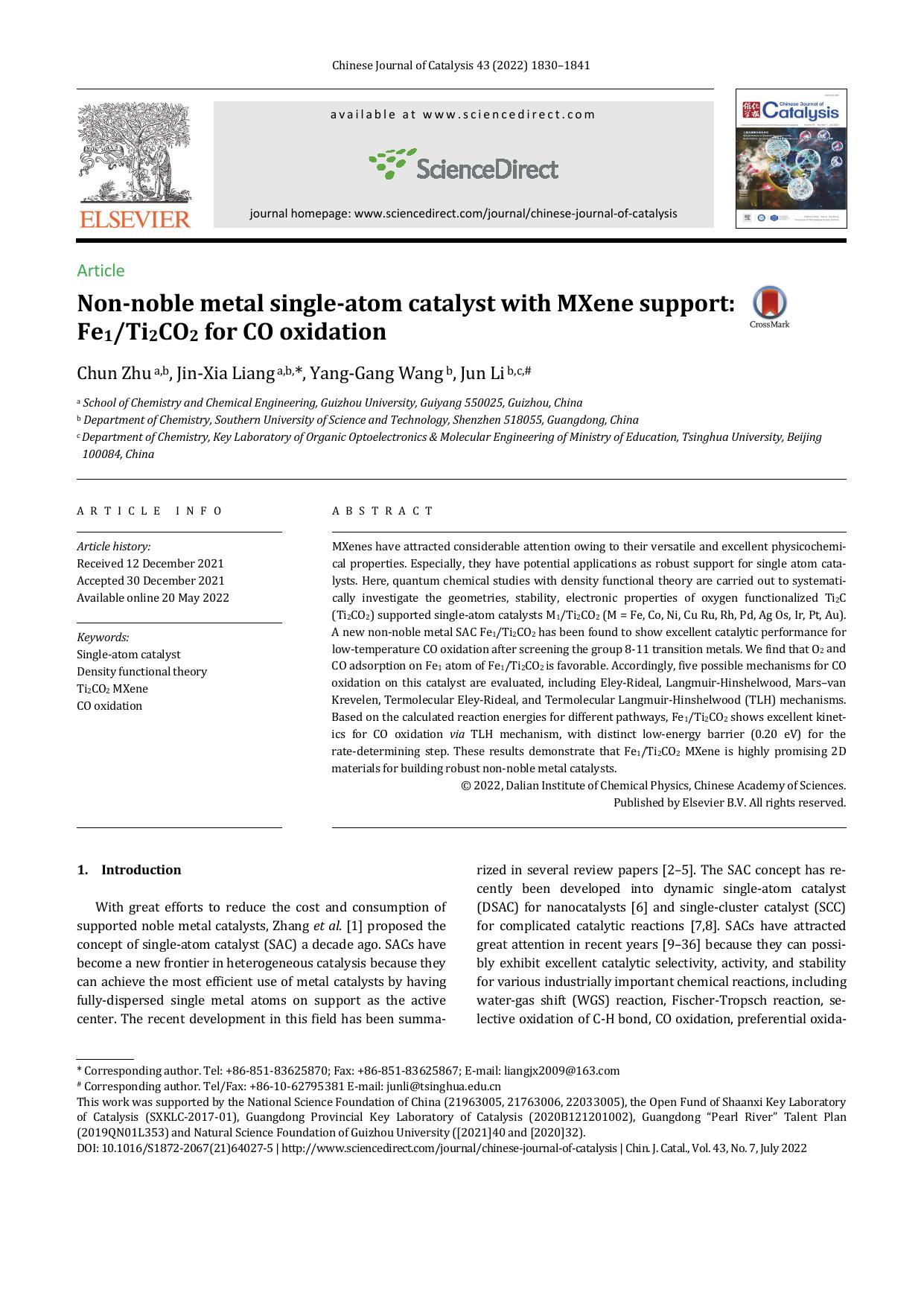 Non-noble metal single-atom catalyst with MXene support: Fe1Ti2CO2 for CO oxidation by Chun Zhu & Jin-Xia Liang & Yang-Gang Wang & Jun Li