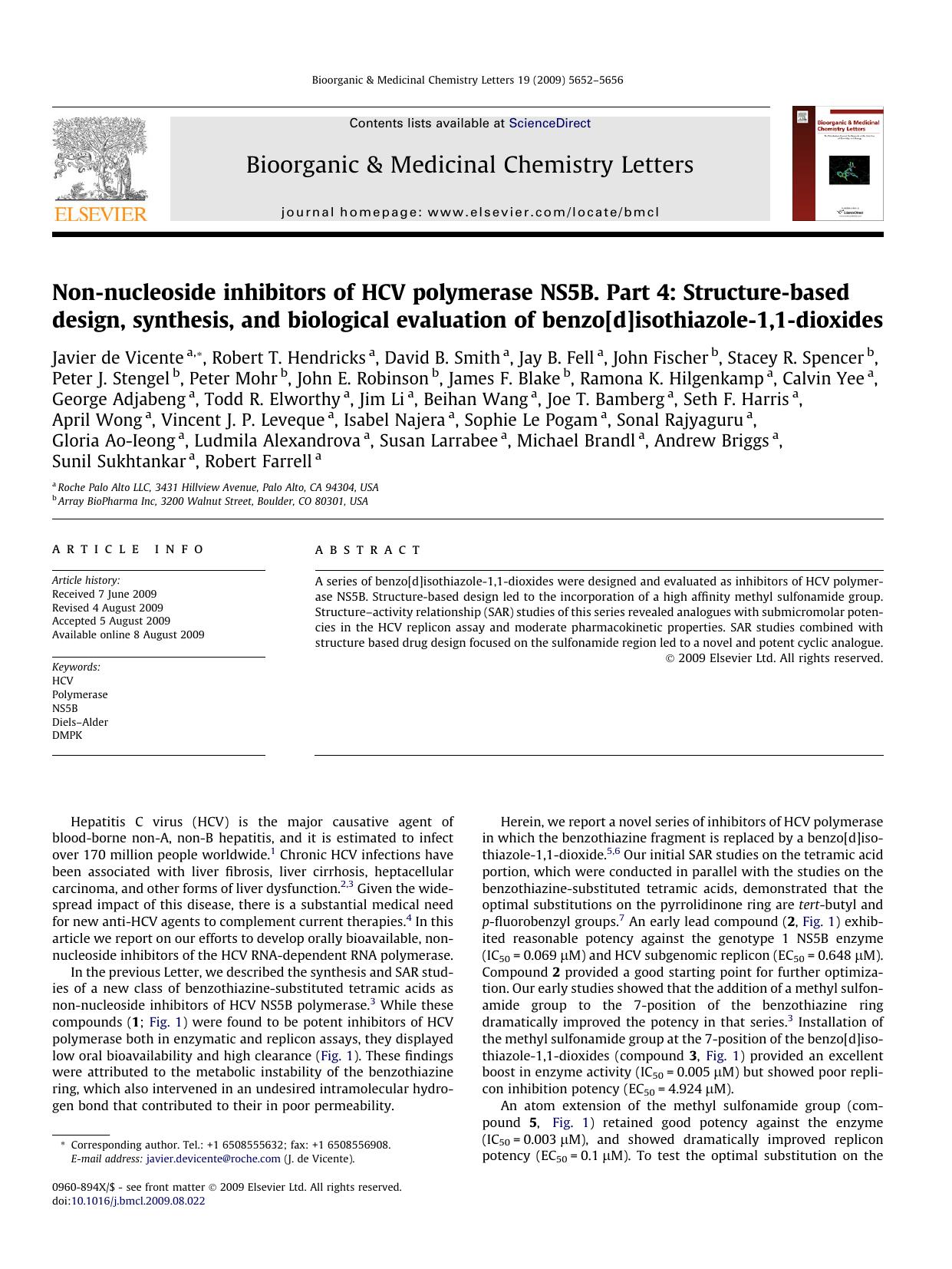 Non-nucleoside inhibitors of HCV polymerase NS5B. Part 4: Structure-based design, synthesis, and biological evaluation of benzo[d]isothiazole-1,1-dioxides by unknow