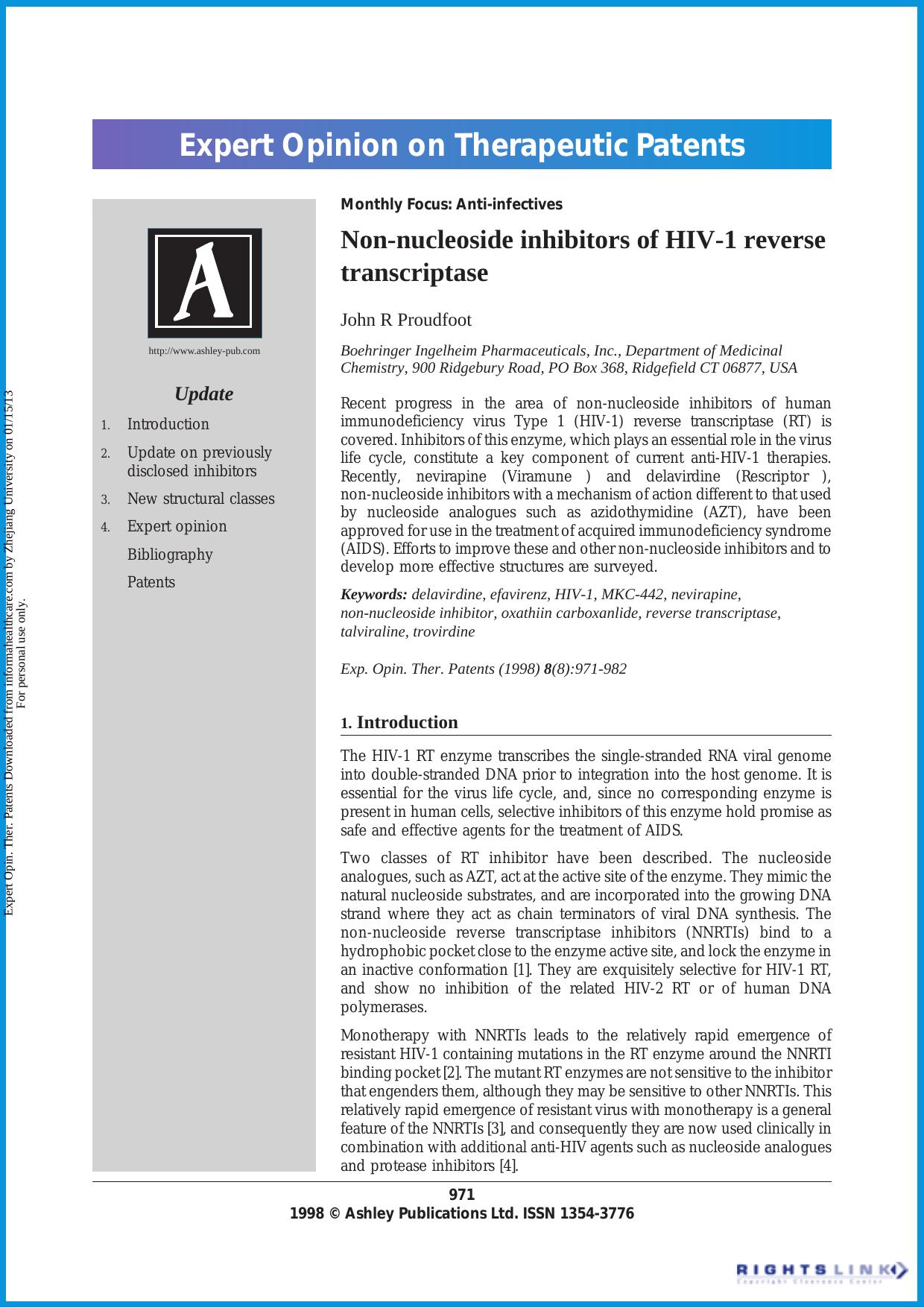 Non-nucleoside inhibitors of HIV-1 reverse transcriptase by John R Proudfoot