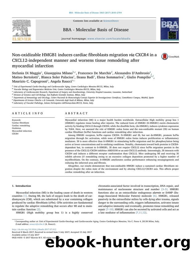 Non-oxidizable HMGB1 induces cardiac fibroblasts migration via CXCR4 in a CXCL12-independent manner and worsens tissue remodeling after myocardial infarction by unknow