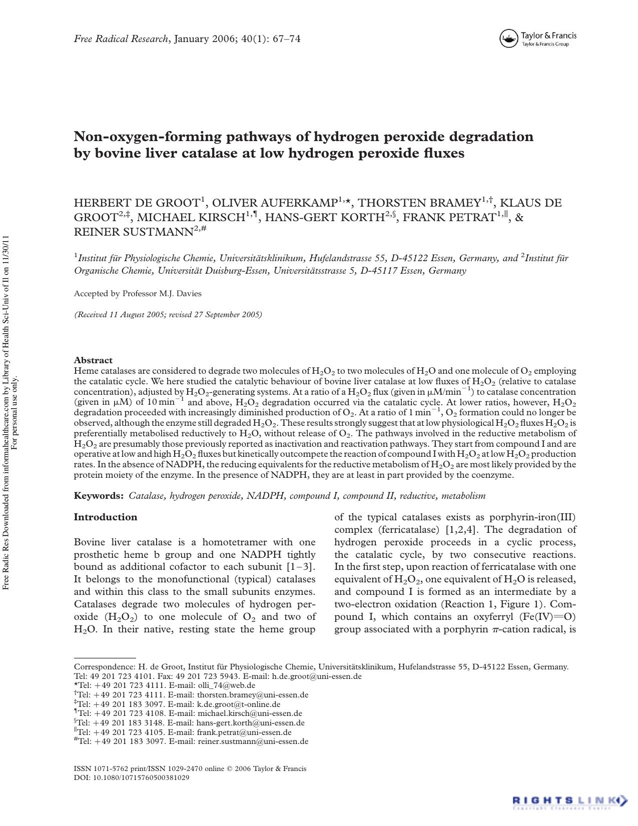 Non-oxygen-forming pathways of hydrogen peroxide degradation by bovine liver catalase at low hydrogen peroxide fluxes by unknow