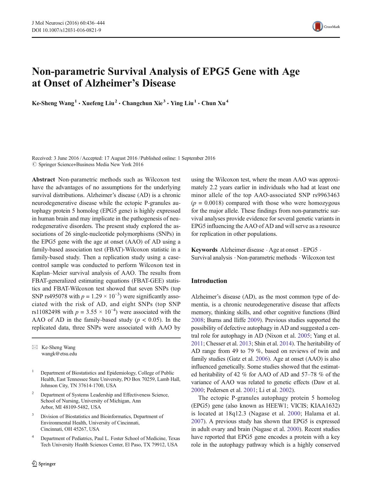 Non-parametric Survival Analysis of EPG5 Gene with Age at Onset of Alzheimerâs Disease by Ke-Sheng Wang & Xuefeng Liu & Changchun Xie & Ying Liu & Chun Xu