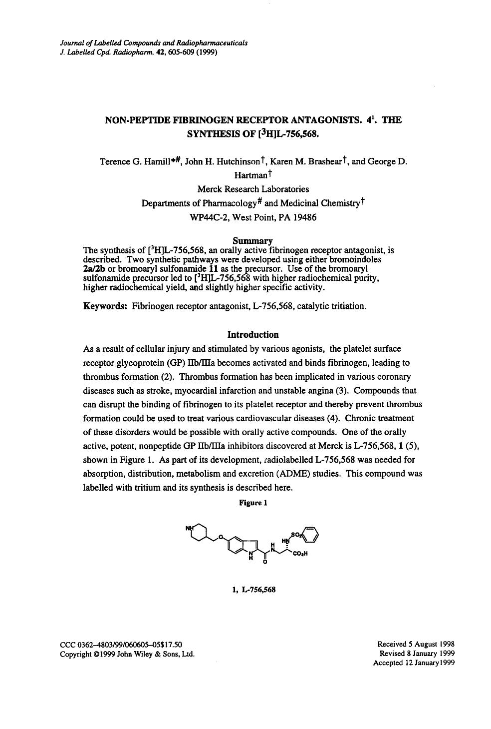 Non-peptide fibrinogen receptor antagonists. 41. The synthesis of [3H]L-756,568 by Unknown
