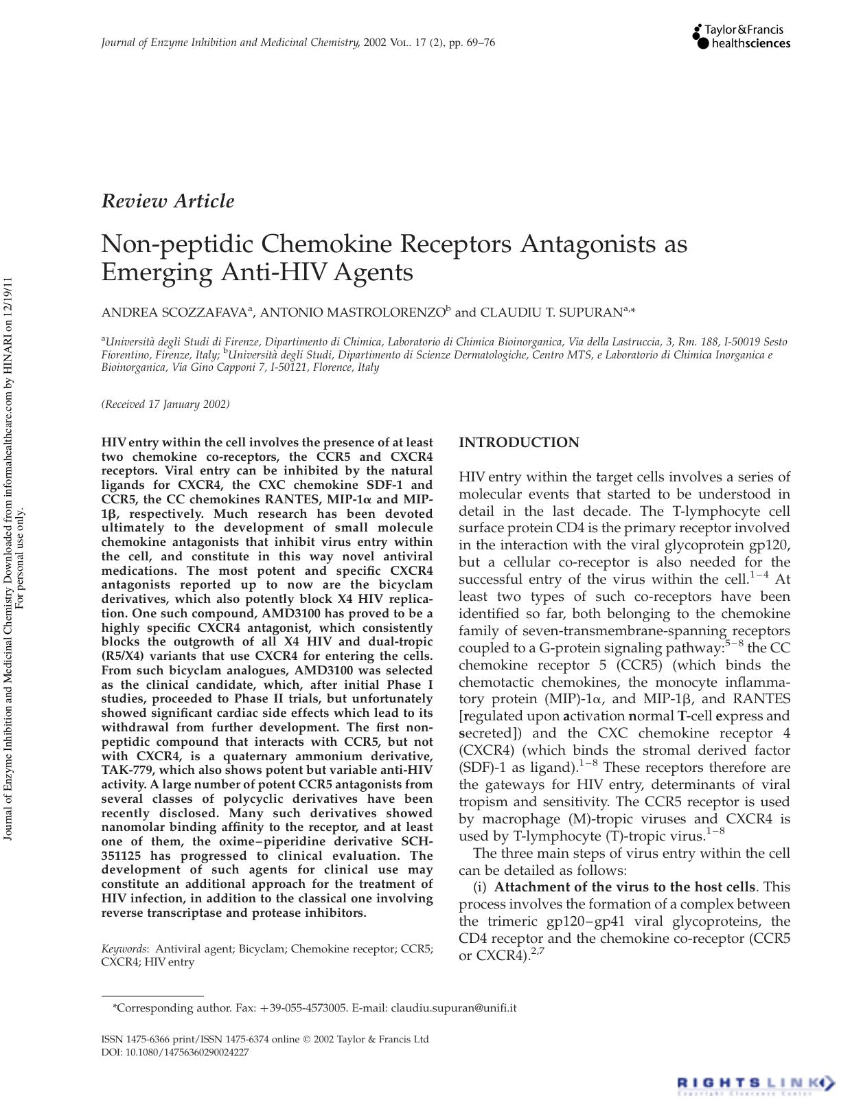 Non-peptidic Chemokine Receptors Antagonists as Emerging Anti-HIV Agents by Andrea Scozzafava Antonio Mastrolorenzo & Claudiu T. Supuran