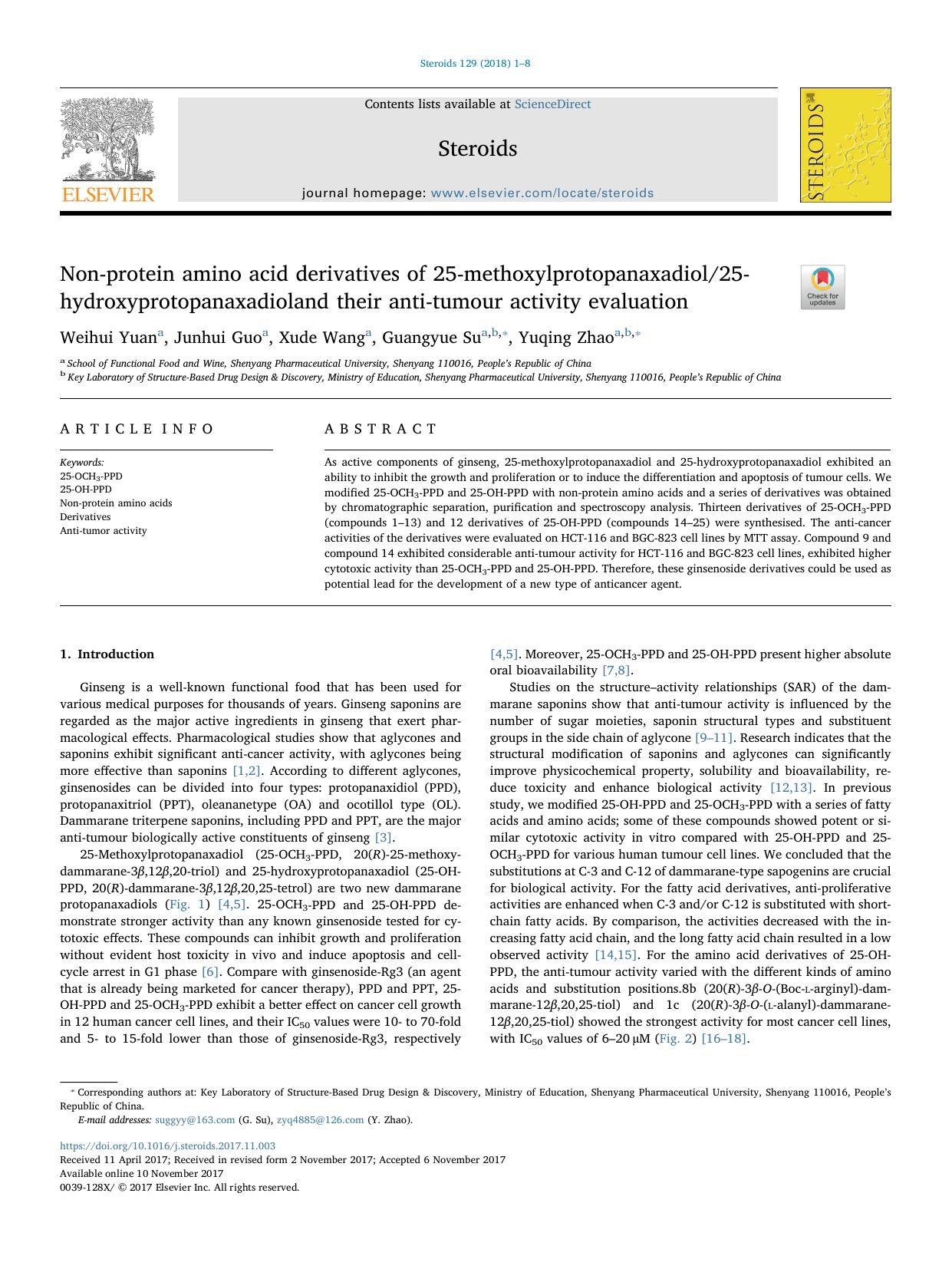 Non-protein amino acid derivatives of 25-methoxylprotopanaxadiol25-hydroxyprotopanaxadioland their anti-tumour activity evaluation by Weihui Yuan & Junhui Guo & Xude Wang & Guangyue Su & Yuqing Zhao