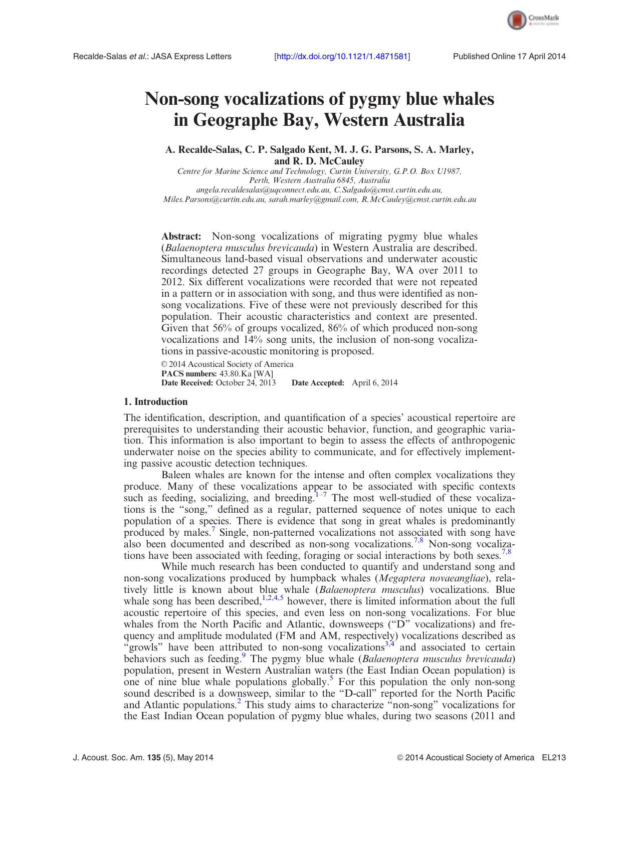 Non-song vocalizations of pygmy blue whales in Geographe Bay, Western Australia by A. Recalde-Salas & C. P. Salgado Kent & M. J. G. Parsons & S. A. Marley & R. D. McCauley