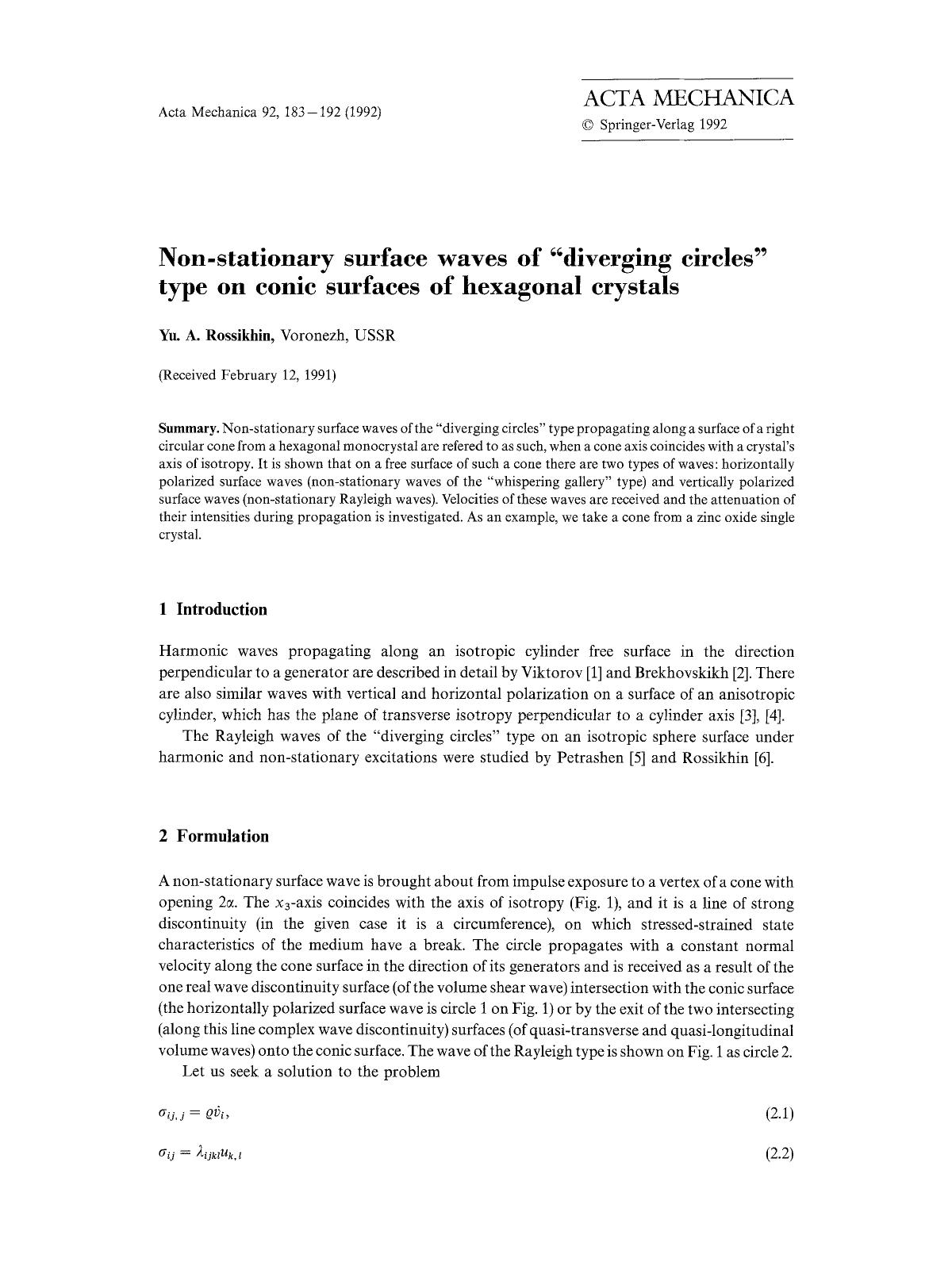 Non-stationary surface waves of “diverging circles” type on conic surfaces of hexagonal crystals by Unknown