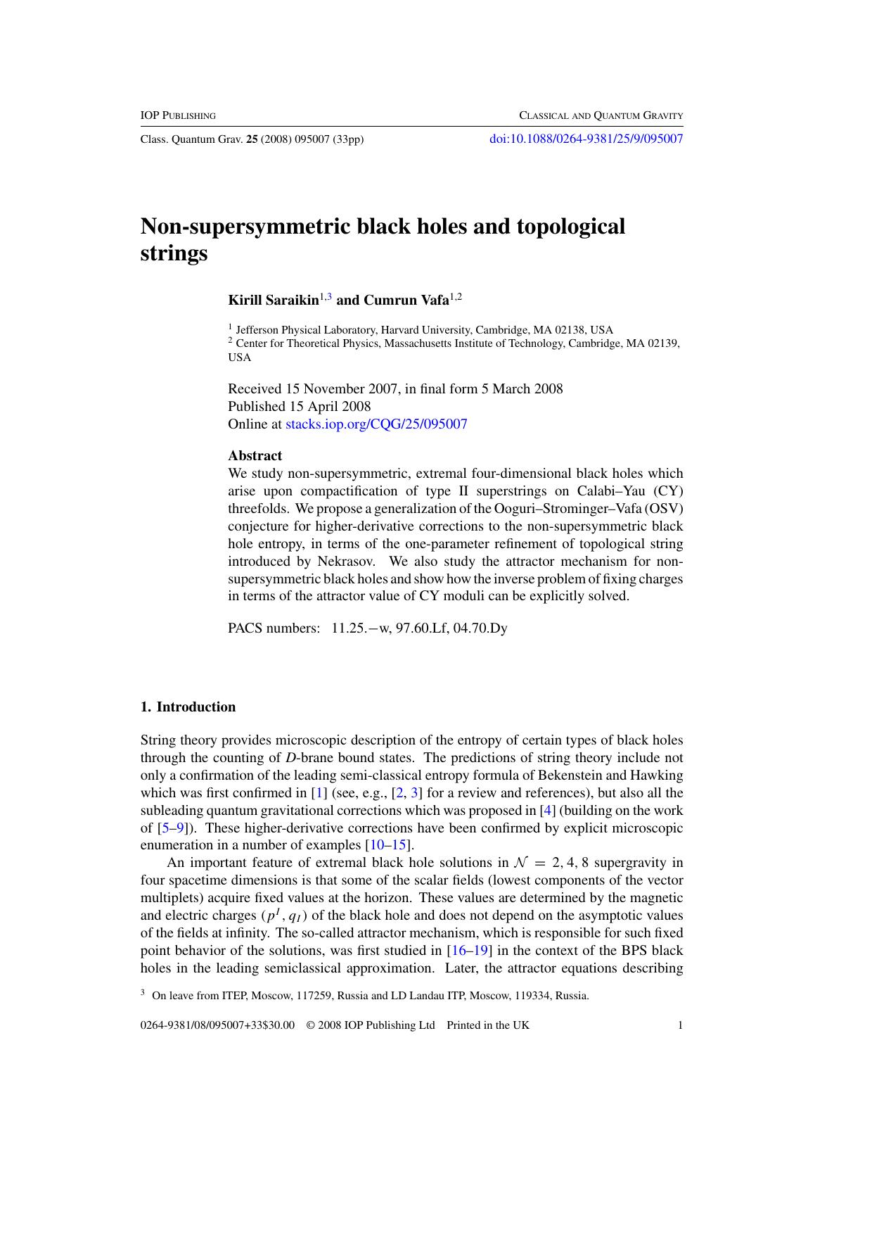 Non-supersymmetric black holes and topological strings by K Saraikin and C Vafa