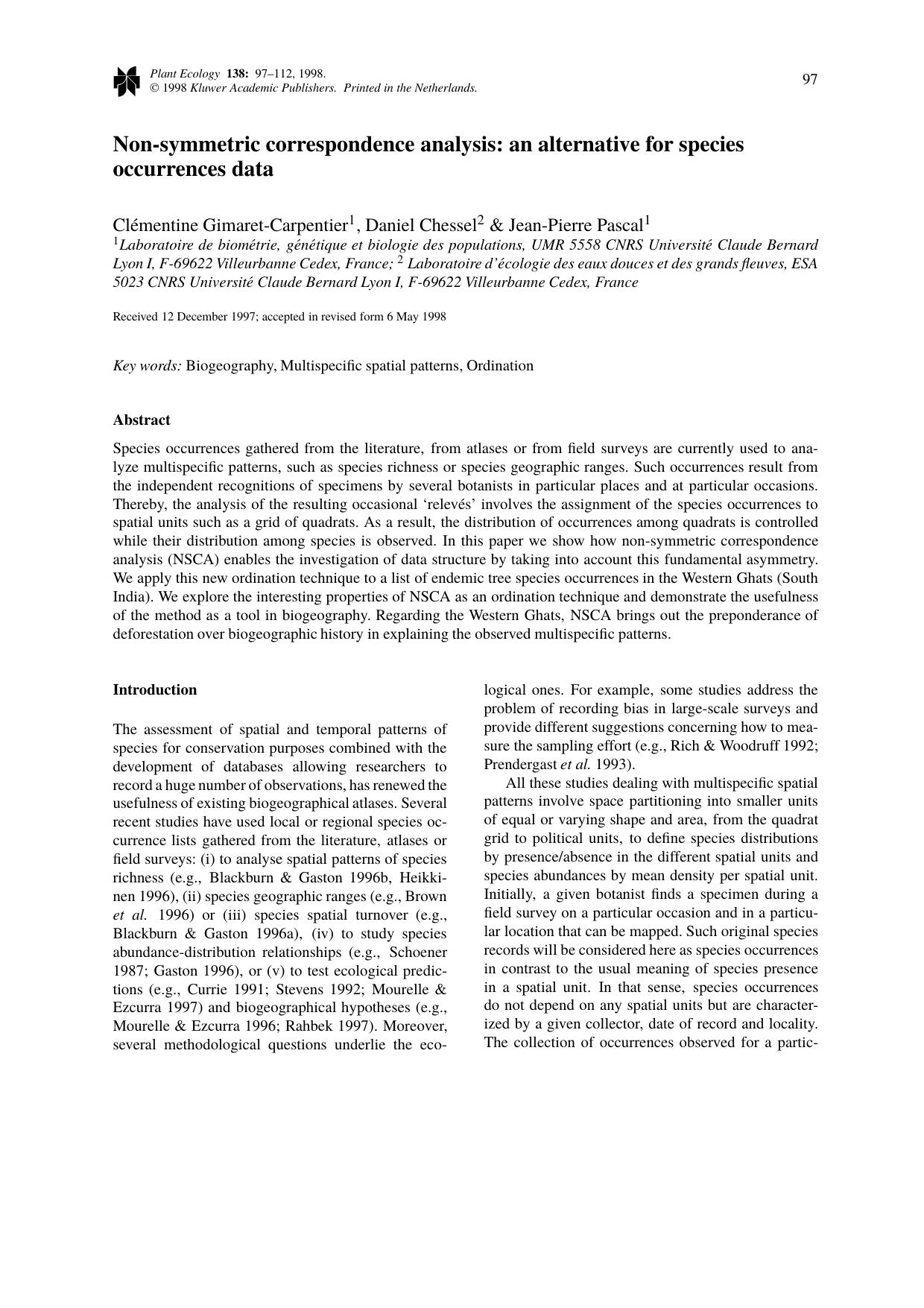 Non-symmetric correspondence analysis: an alternative for species occurrences data by Unknown
