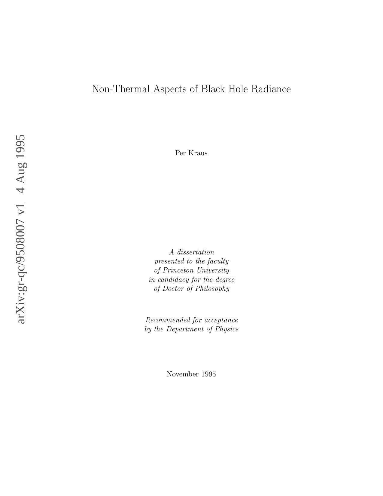 Non-thermal aspects of black hole radiance by Per Kraus