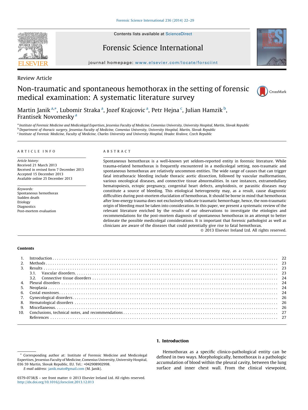 Non-traumatic and spontaneous hemothorax in the setting of forensic medical examination: A systematic literature survey by Martin Janik
