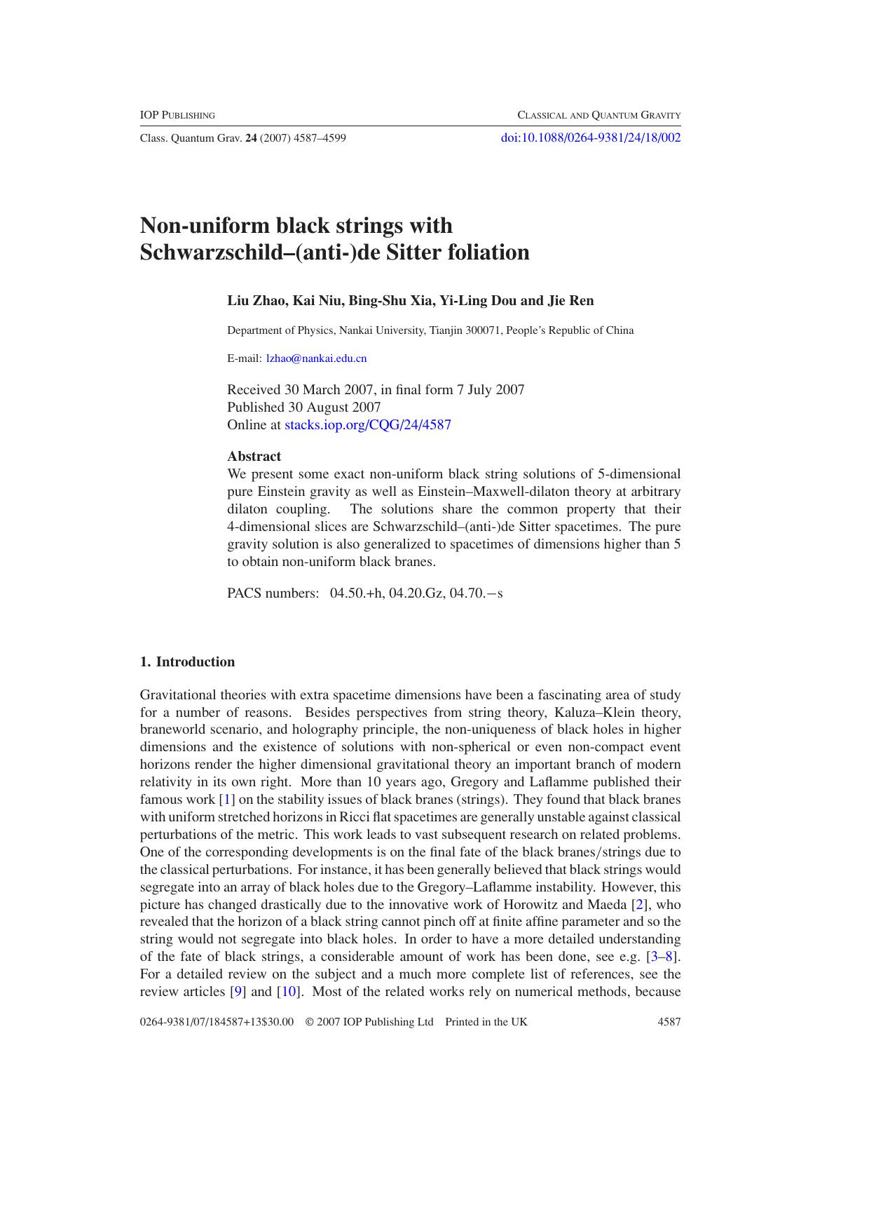 Non-uniform black strings with Schwarzschild--(anti-)de Sitter foliation by L Zhao et al