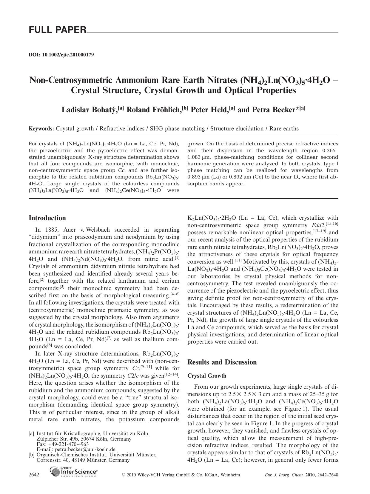 NonCentrosymmetric Ammonium Rare Earth Nitrates (NH4)2Ln(NO3)54H2O Crystal Structure, Crystal Growth and Optical Properties by Unknown