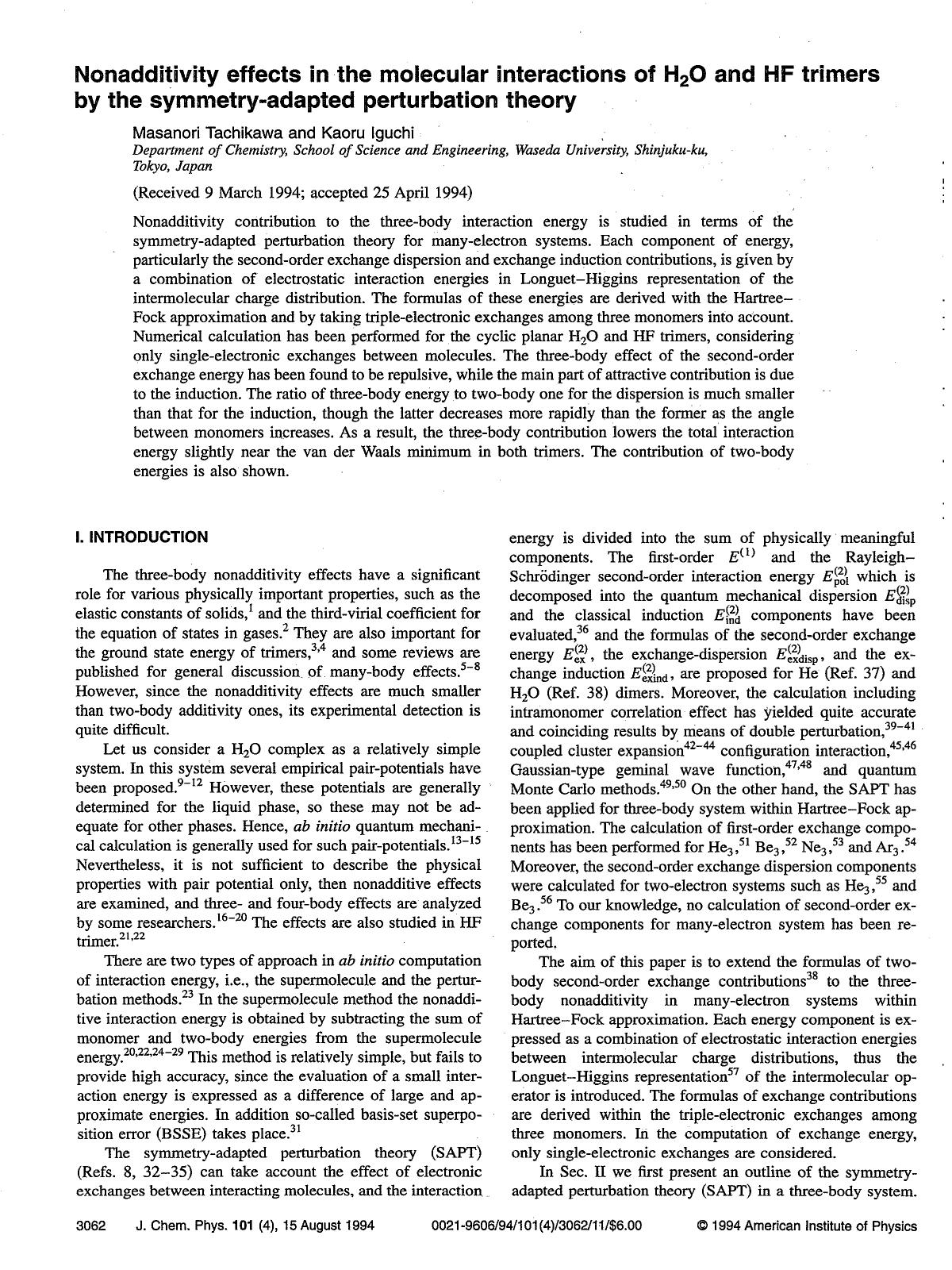 Nonadditivity effects in the molecular interactions of H2O and HF trimers by the symmetry-adapted perturbation theory by Masanori Tachikawa; Kaoru Iguchi
