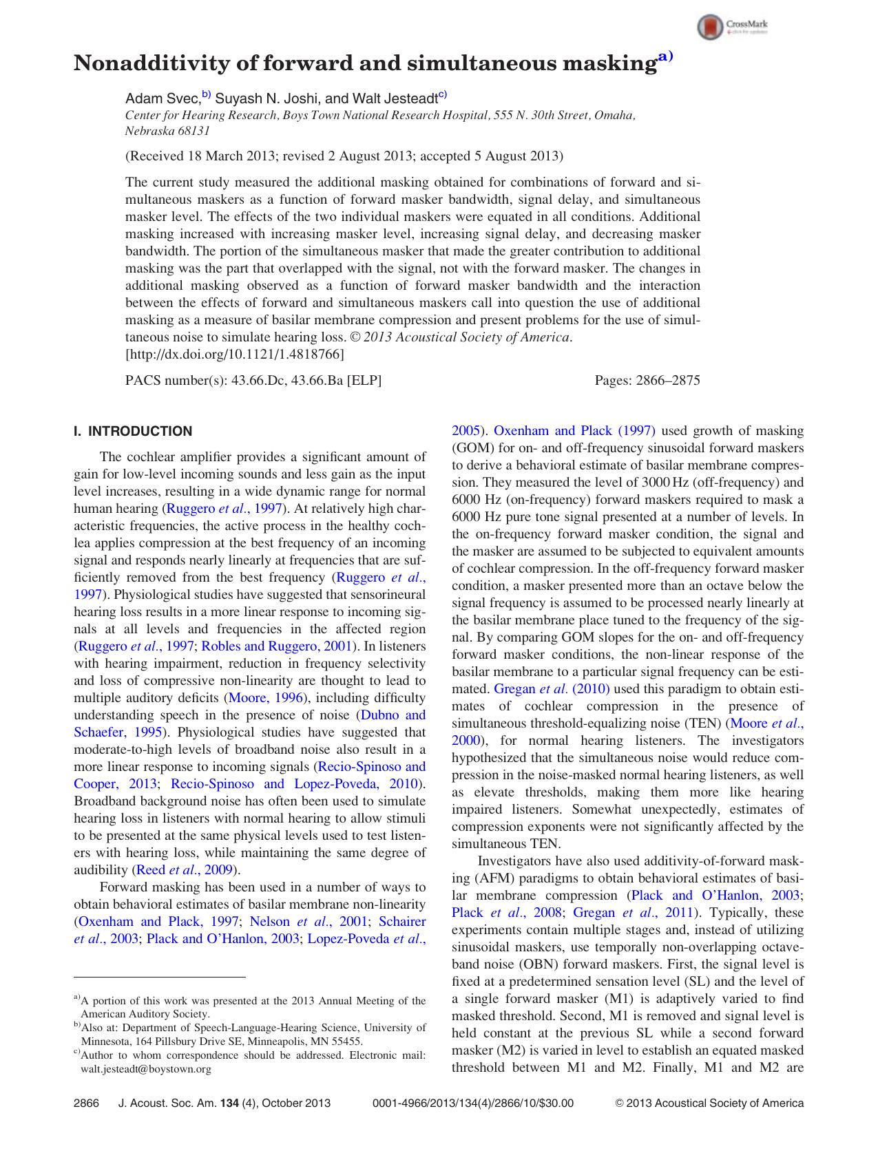 Nonadditivity of forward and simultaneous maskinga) by Adam Svec b) Suyash N. Joshi and Walt Jesteadtc)