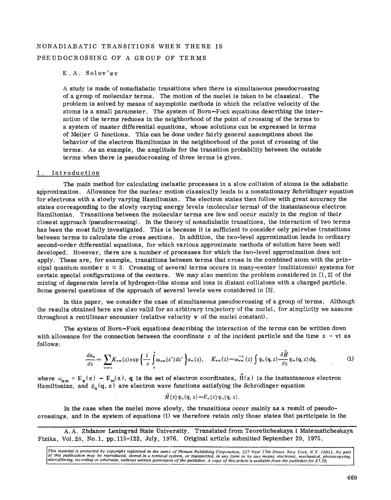 Nonadiabatic transitions when there is pseudocrossing of a group of terms by Unknown