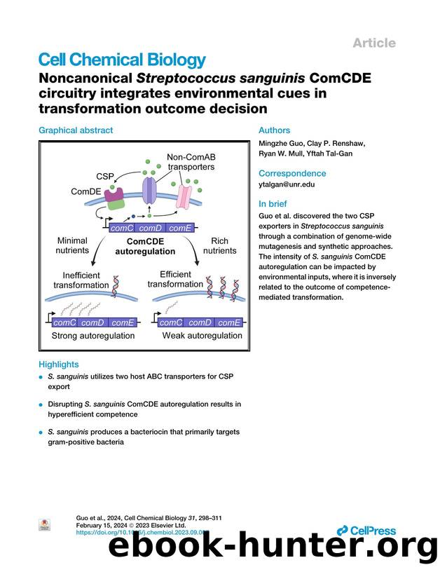 Noncanonical Streptococcus sanguinis ComCDE circuitry integrates environmental cues in transformation outcome decision by Mingzhe Guo & Clay P. Renshaw & Ryan W. Mull & Yftah Tal-Gan